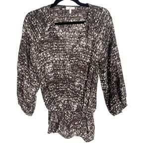 Joie XSmall Black Gray Print Silk Cinched Waist 3/4 Sleeve Top VNeck Faux Wrap
